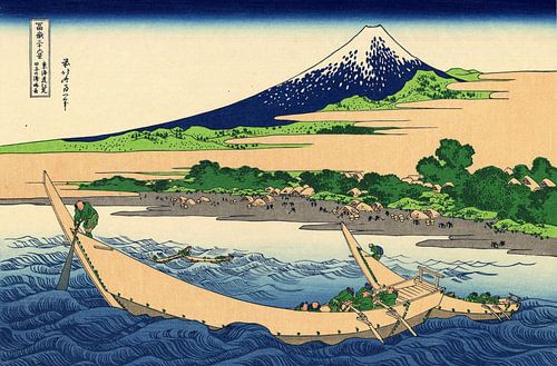 Katsushika Hokusai - Ufer der Tago-Bucht, Ejiri am Tokaido (um 1830-1832) | Dynamische maritime Szene aus sechsunddreißig Ansichten des Berges Fuji