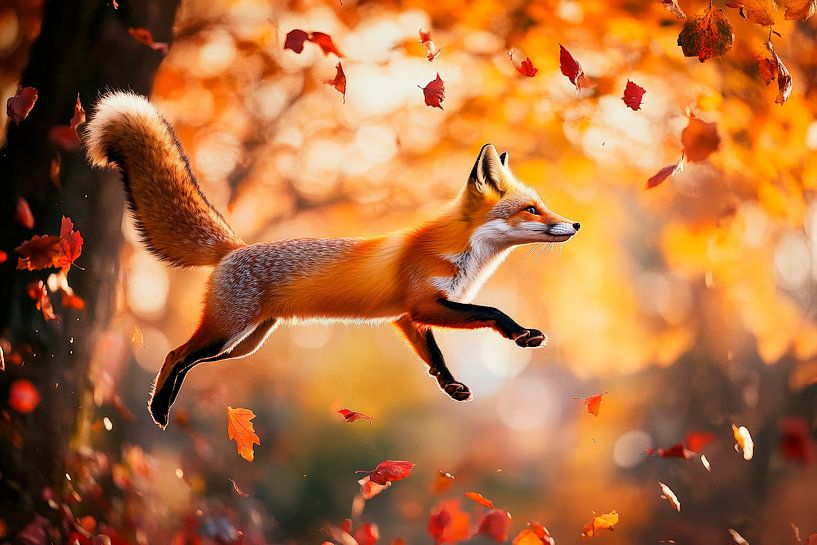 Fuchs springt durch herbstliche Blätter von Poster Art Shop