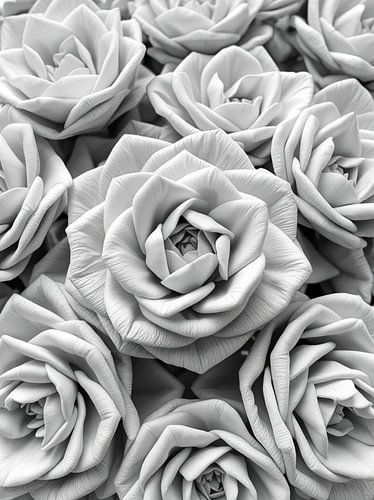 Monochrome bloei: Zwart-wit close-up van elegante camelia's of rozen in een weelderig bloemstuk met structuur van Artistic