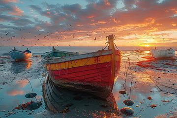 Traditionele vissersboten bij zonsondergang aan zee van Poster Art Shop