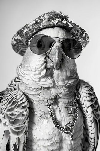 Perroquet avec lunettes de soleil et chapeau en noir et blanc