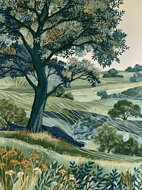 Green landscape with a large tree by Lina van Oers