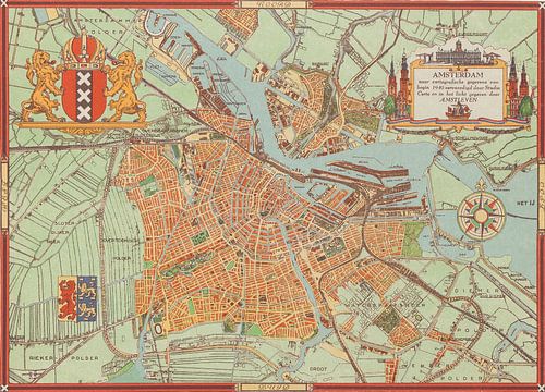 Een oude kaart van Amsterdam. 1940. Historische kaart van Amsterdam, Old Amsterdam van Nederlands Erfgoed