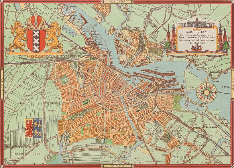 Een oude kaart van Amsterdam. 1940. Historische kaart van Amsterdam, Old Amsterdam van Nederlands Erfgoed
