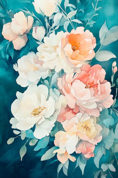 Zarte Pfingstrosen auf aquamarin Hintergrund von Poster Art Shop