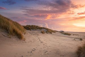 Dünen bei Nes mit Blick auf den Strandpavillon Sjoerd bei Sonnenuntergang - Ameland