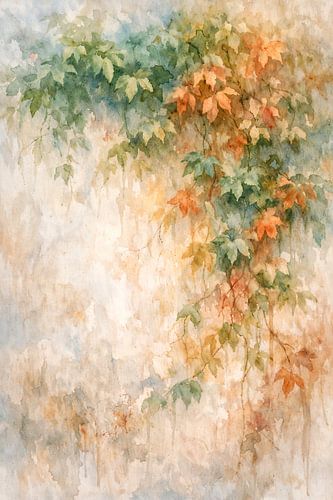 Wilde wingerd klimplant (AI) (oude muur, aardetinten, beige, warm, zachte, kleuren, herfst, sereen, landelijk, natuurlijk )