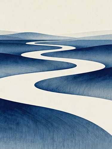 JAPANDI Winding River Indigo Hills Art - Minimaliste Zen Flow Landscape Poster