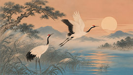 Japan Cranes Flying Over Misty Lake by my pixel art