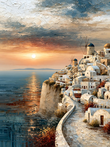 A Mediterranean village perched on a cliff, with windmills