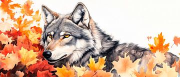 Herfstwolf in een bed van bladeren van Poster Art Shop