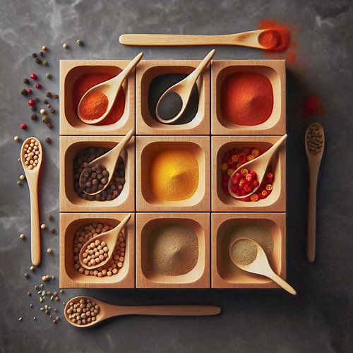 Specerijen in houten kommen