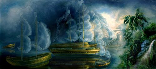 Spookschepen voor een tropisch eiland