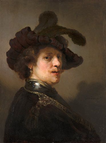 Tronie van een man met gevederde baret, Rembrandt - c. 1635