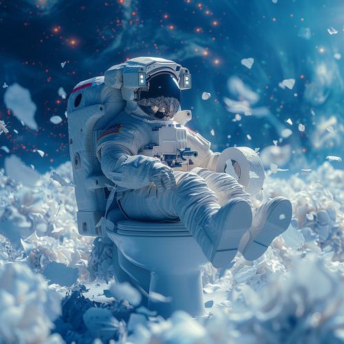 Astronaut met veiligheidsgordel op toilet in de ruimte