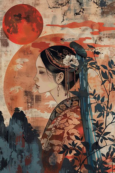 Schöne junge Frau im Ukiyo-Stil von Poster Art Shop