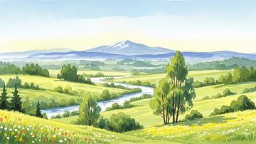 Aquarellmalerei eines Flusstals mit Berg von Markus Gann