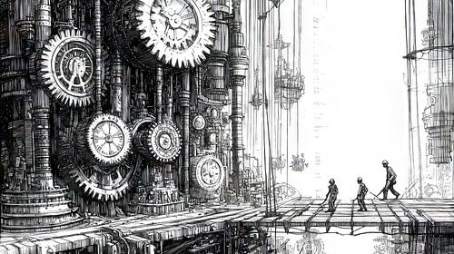 Arbeiders in futuristische fabriek