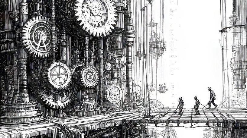 Arbeiders in futuristische fabriek van Frank Heinz