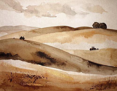 Koren landschap met tractor op in de goud gele heuvels