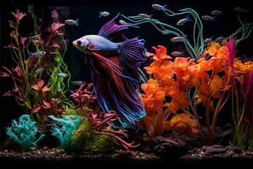 Aquarium with colourful fish and fighting fish in the foreground by Animaflora PicsStock