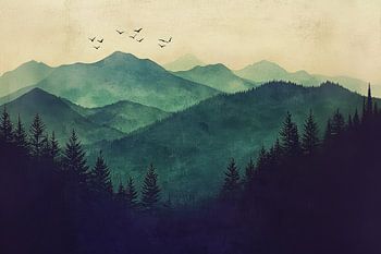 Abstrakte Berge mit Bäumen und Vögeln