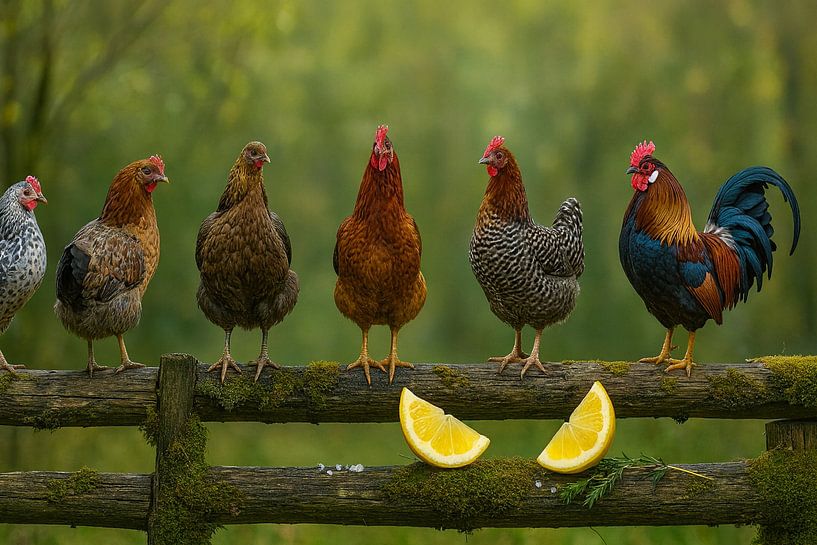 Parade de poulets colorés sur la clôture par Kleurenrijk