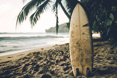 Tropisch strand met wachtend surfboard