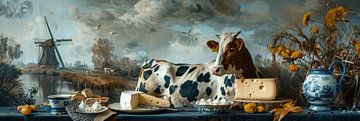Dutch oude meesters stilleven panorama koe en kaas van Digitale Schilderijen