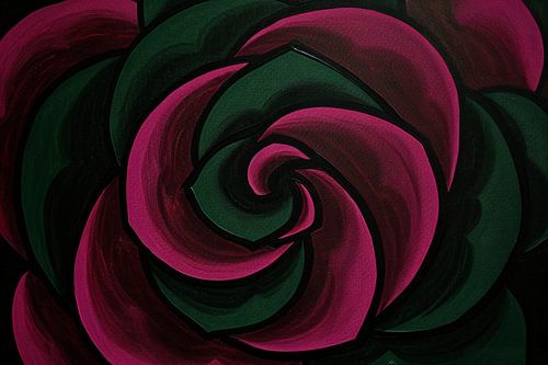 Abstract schilderij van bloem in groene en roze tinten
