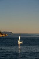 Segelboot auf See während der goldenen Stunde bei Vancouver