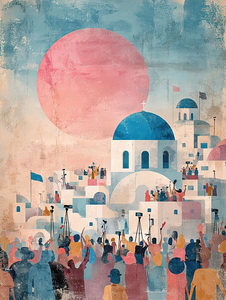 Santorini Selfie Overload - Humorvolle Retro-Illustration von BowiScapes Abstrakt und digitale Kunst
