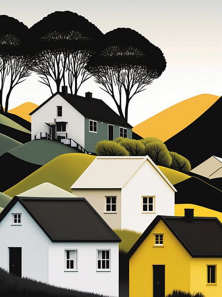 heuvelachtig landschap huizen geel wit gestileerde harmonieuze idylle van gm_designs