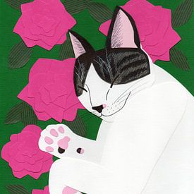 Katze auf einem Rosenbett von Karolina Grenczyk
