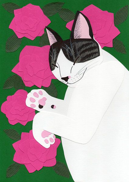 Chat sur un lit de roses par Karolina Grenczyk