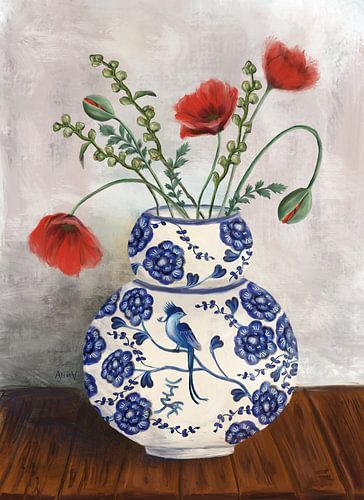 Bouquet de coquelicots et de roses trémières dans un vase Phoenix sur Anna van Balen