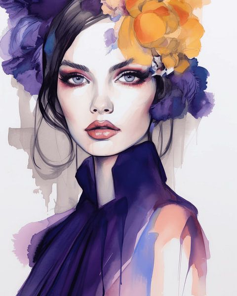 Modernes Porträt in Lila und Orange, Aquarell von Carla Van Iersel