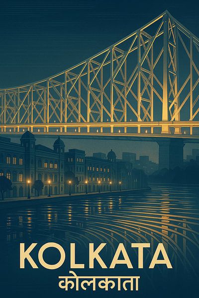 Kolkata Vintage Poster - Howrah Brücke &amp; Hooghly Fluss Nacht Kunst von Travel Shop