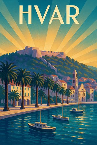 Hvar Adriatische haven Art Deco Poster
