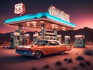 Klassieke auto bij een tankstation in de woestijn langs route 66 retro