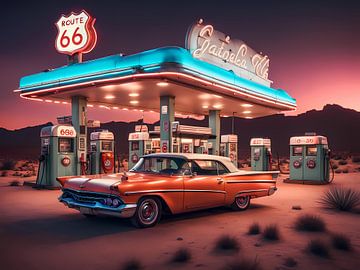 Klassieke auto bij een tankstation in de woestijn langs route 66 retro van Dennisart Fotografie