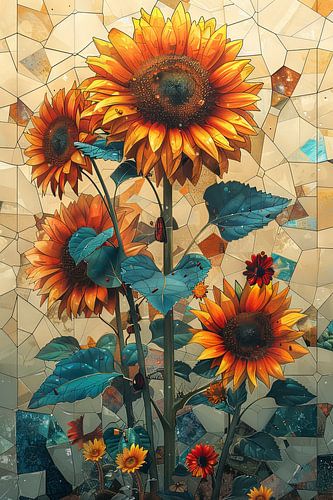 Kleurrijke zonnebloemen met geometrische achtergrondkunst