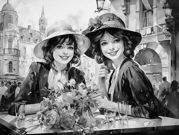 Twee mooie lachende meisjes, zwart-wit foto uit de jaren 1920 van Animaflora PicsStock