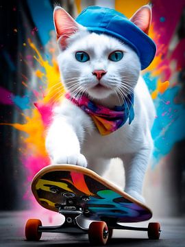 Katze beim Outdoorsport - Skateboard fahren von Melanie Viola