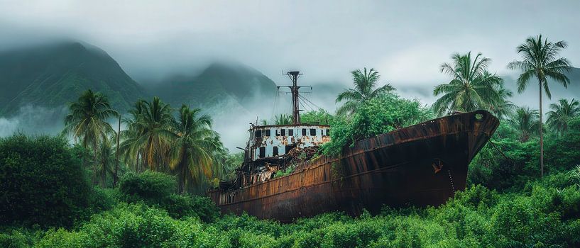 Verlaten schip in dichte natuur van Poster Art Shop
