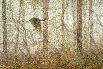 Traumlandschaft Wald mit Reiher von Karin de Jonge