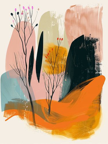 Moderne und abstrakte Formen mit botanischen Elementen in Pastellfarben