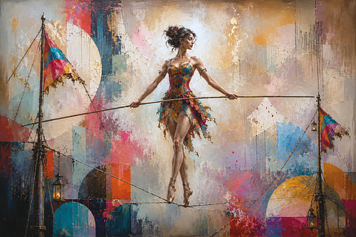 A colourful painting of an elegant tightrope walker.