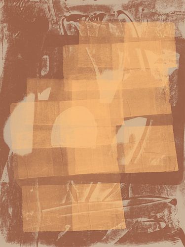 Warm geel, terra en beige. Organische en geometrische vormen.