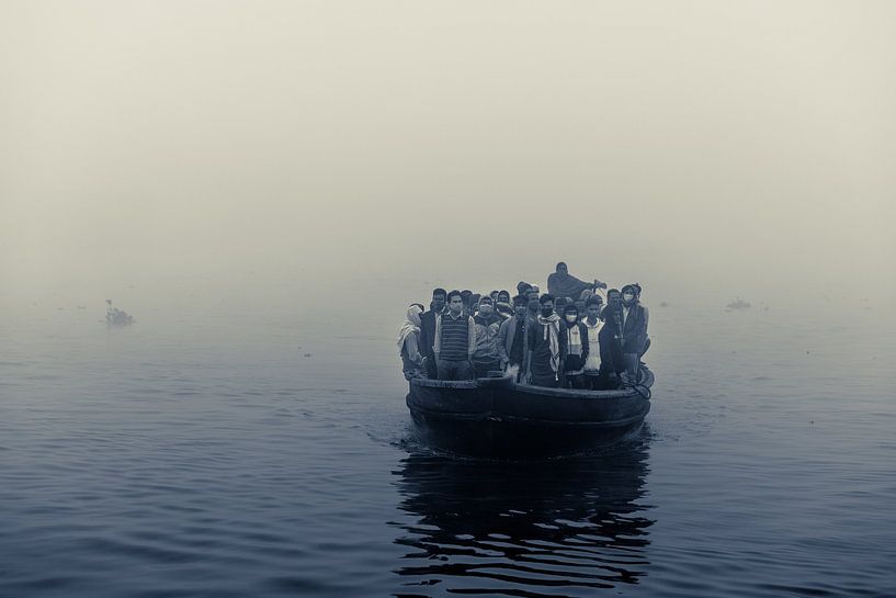 Black and white photography with boats on the river in morning fog by Steven World Traveller